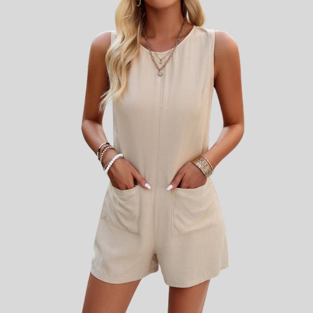 Chique Mouwloze Monochrome Jumpsuit Shorts met Zakken