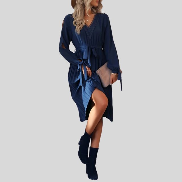 Esmee - Elegante Geplooide Midi-Jurk met Strikmouwen in Paars Marineblauw