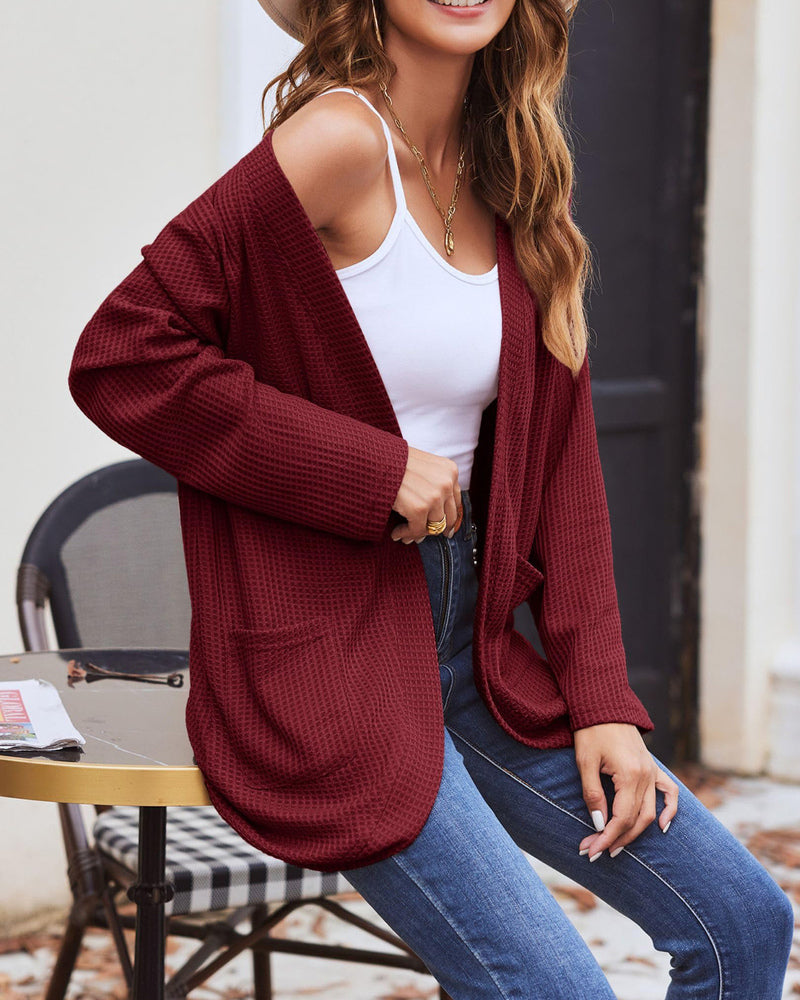 Stijlvolle Dames Wafelgebreide Cardigan met Zakken - Licht & Comfortabel