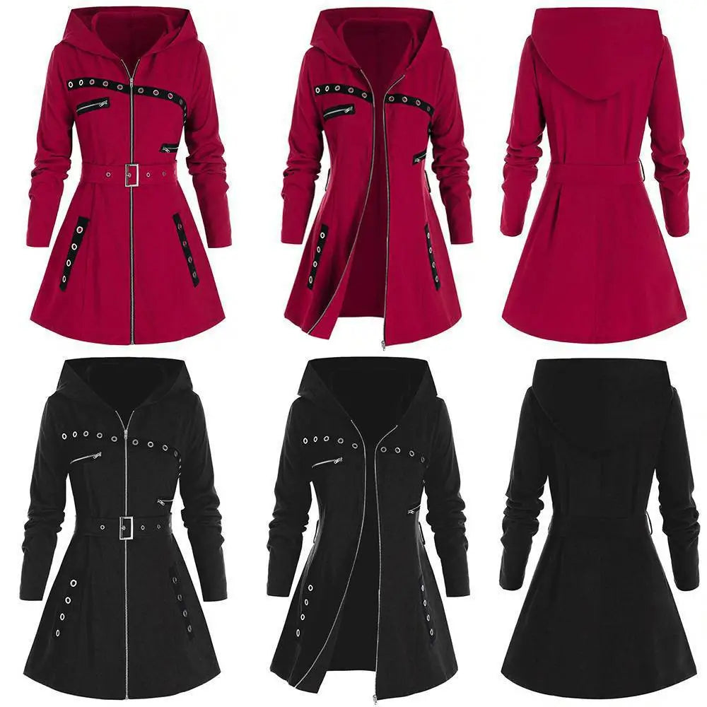 Gothic Elegantie: Winterse Warmte Ontmoet Punkstijl in Dames Lange Capuchonjas met Rits