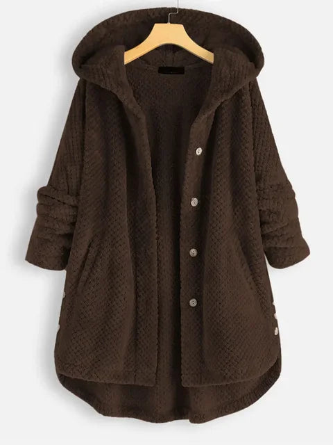 Chique Winter Elegantie: Teddy Sherpa Fleece Lange Jas met Capuchon voor Dames