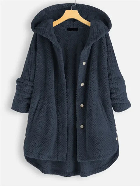 Chique Winter Elegantie: Teddy Sherpa Fleece Lange Jas met Capuchon voor Dames