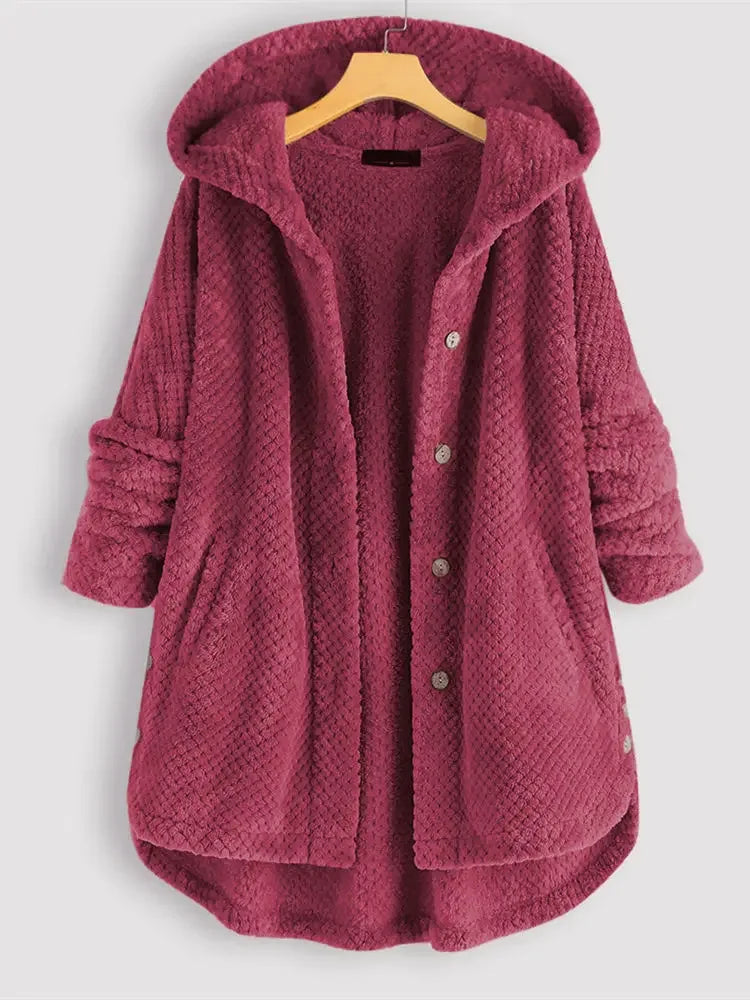 Chique Winter Elegantie: Teddy Sherpa Fleece Lange Jas met Capuchon voor Dames