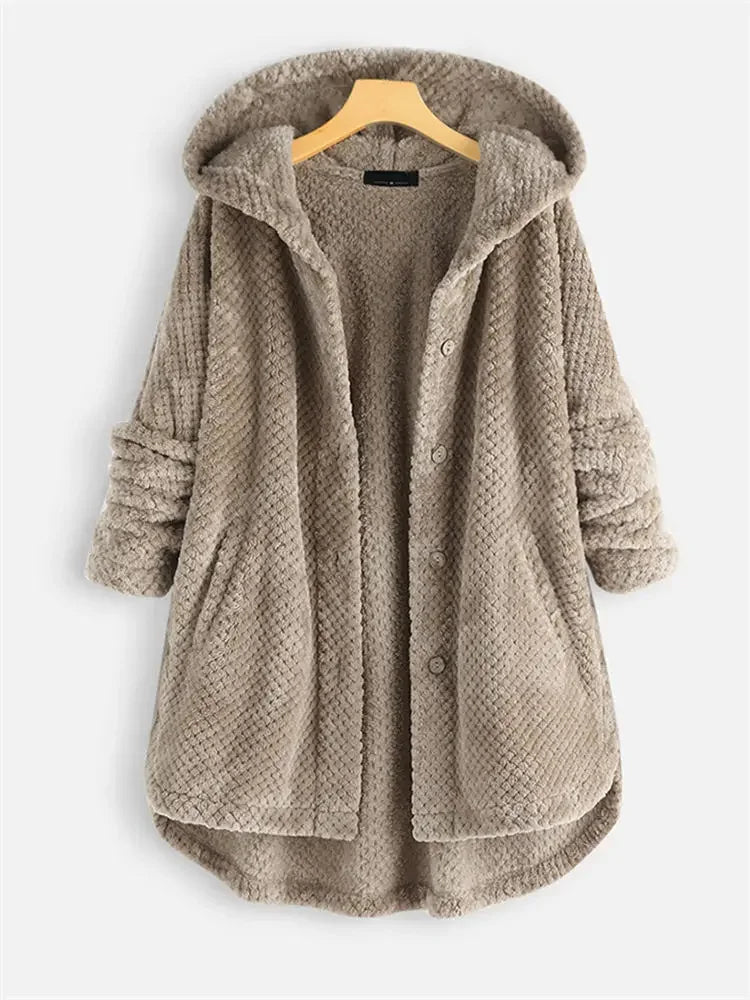 Chique Winter Elegantie: Teddy Sherpa Fleece Lange Jas met Capuchon voor Dames