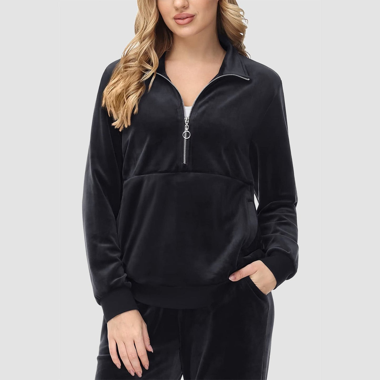 Luxe Warmte: Dames Velours Half-Rits Fleece Trui – Knusse Elegantie