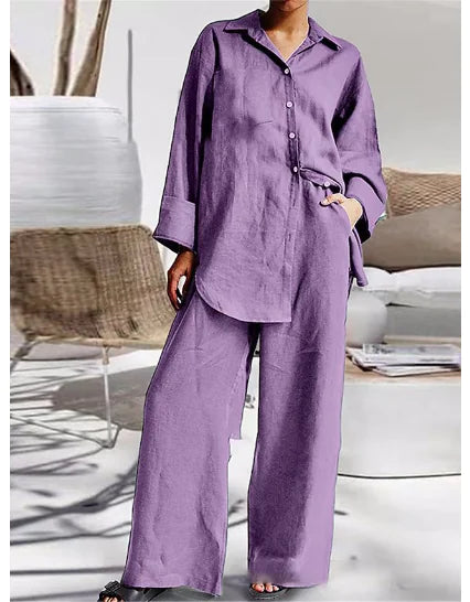 Comfort & Stijl: Herfst-Ready Losse Fit Pyjama Set met V-hals & Wijde Broek