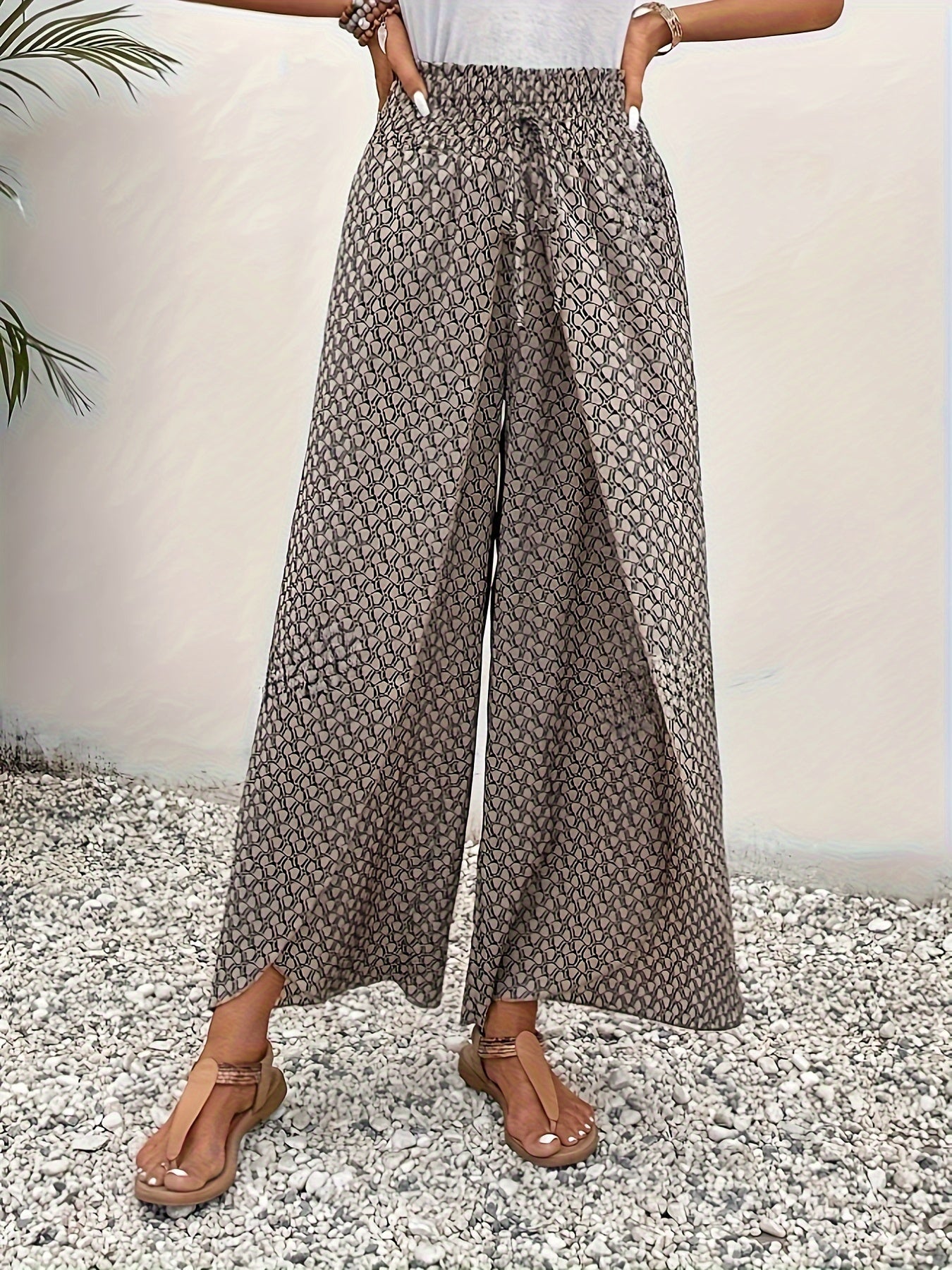 Khaki Geometrische Print Wijde Broek - Mila