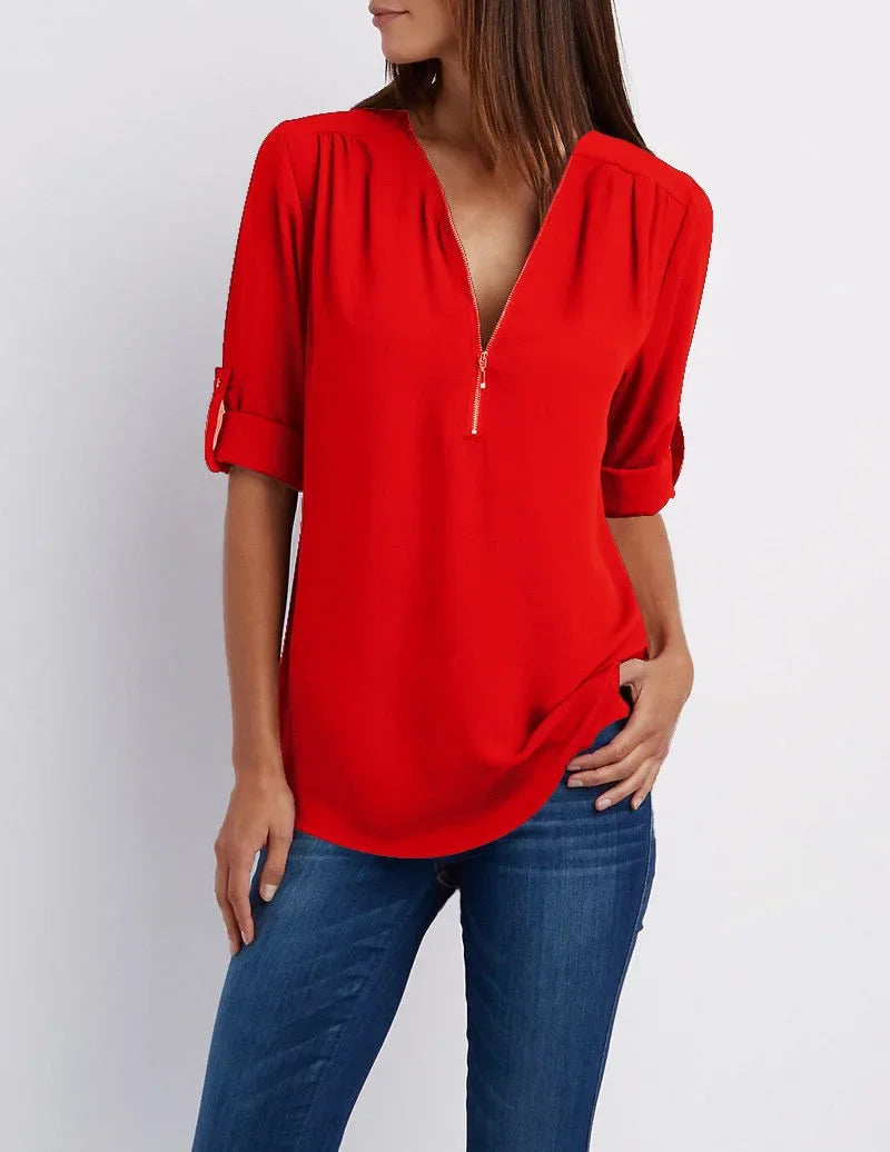 Chique V-Hals Blouse met Korte Mouwen