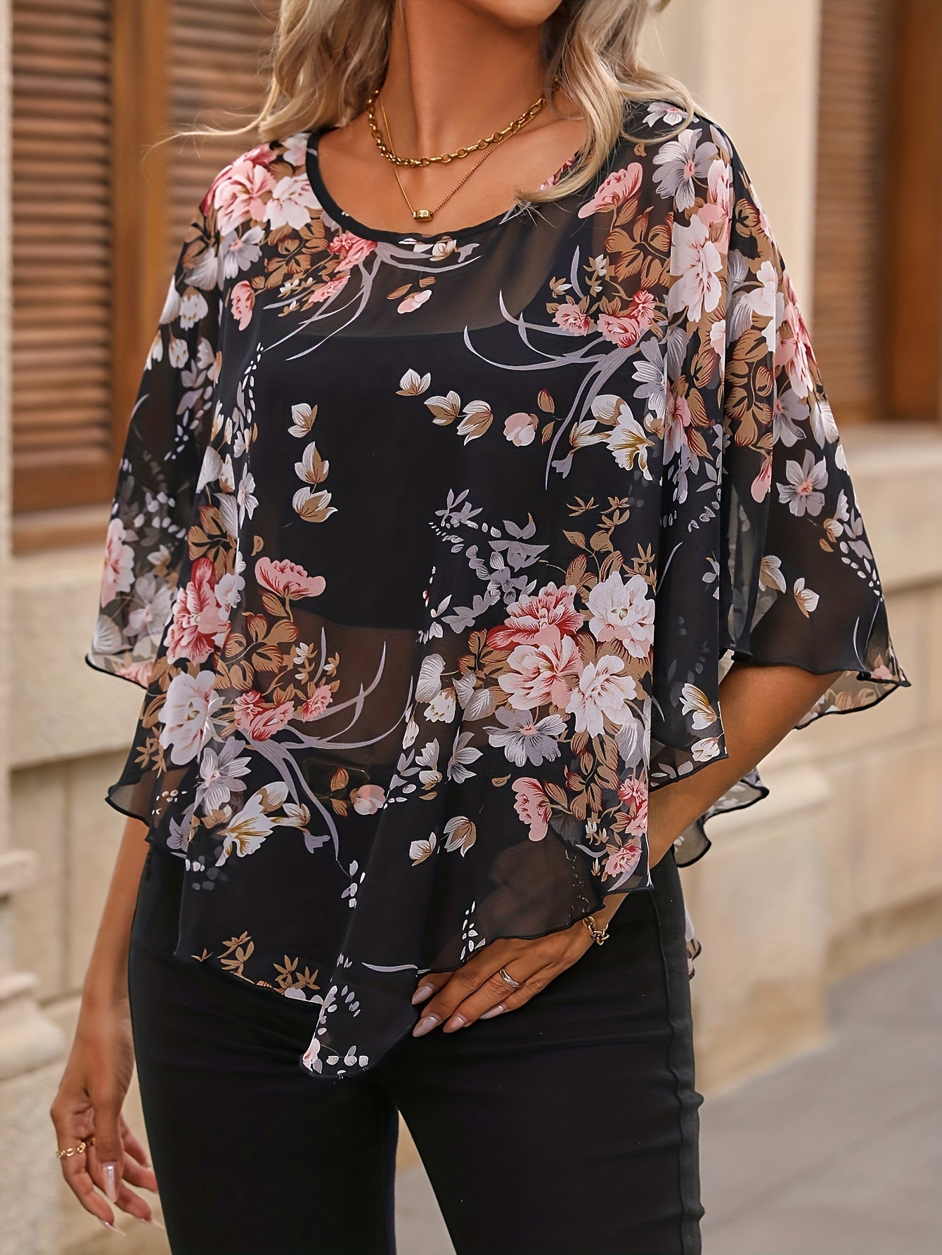 Zwarte Bloemenprint Asymmetrische Blouse - Noor