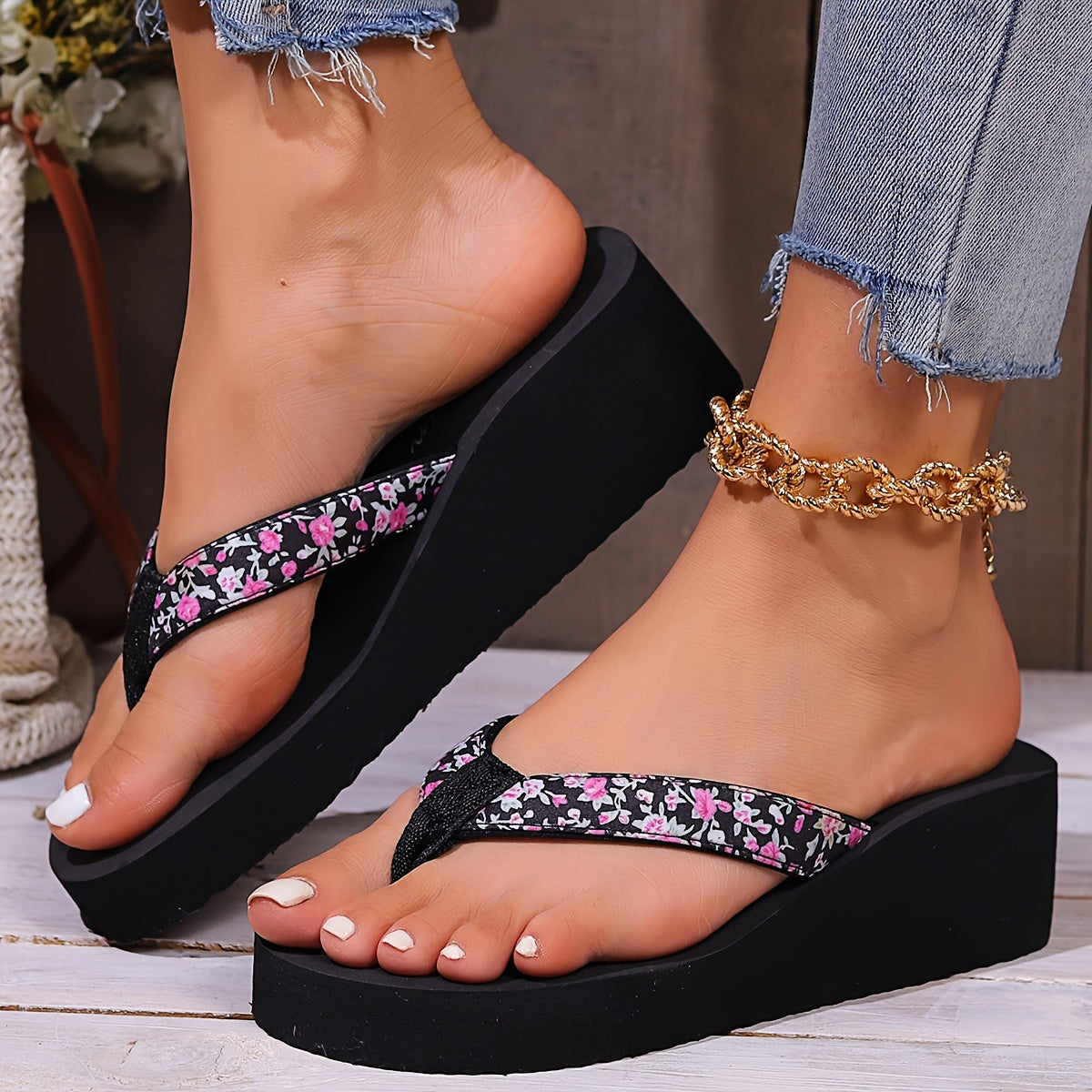 Zwarte Orthopedische Bloem Wedge Sandalen - Liv