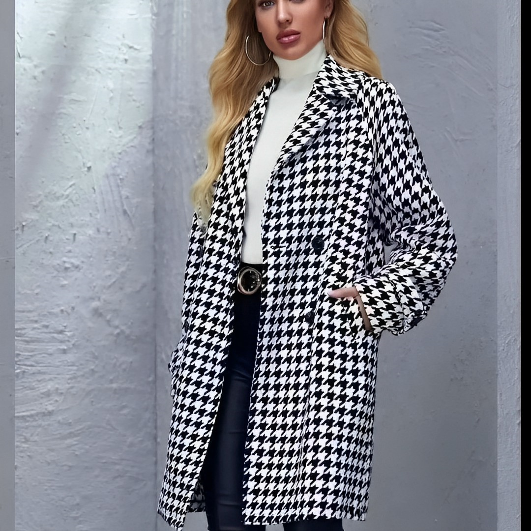 Chique Zwarte Bessencoat: Houndstooth met Dubbele Zakken