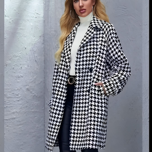 Chique Zwarte Bessencoat: Houndstooth met Dubbele Zakken