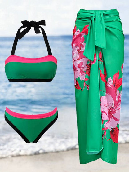 Zoe - Groene Kleurvlak Bikini met Omslagdoek