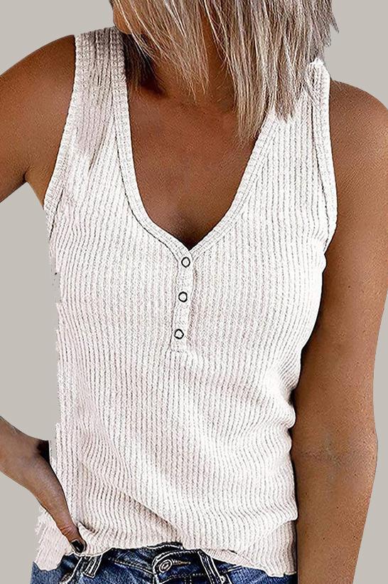 Chique Mouwloze Top met V-Hals en Knoopdetails