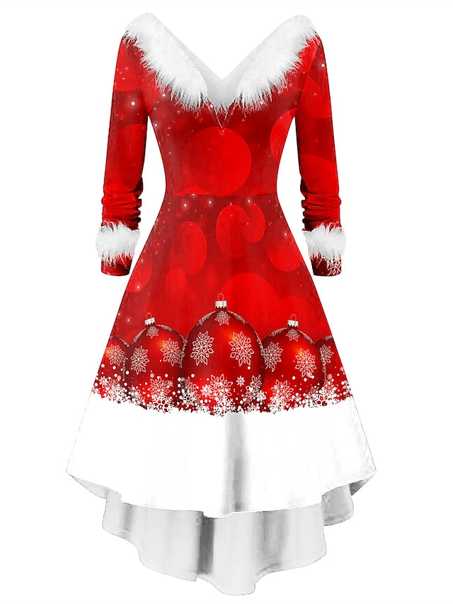 Festieve Flair Santa Claus Midi: Elegante V-Hals Winter Feestjurk