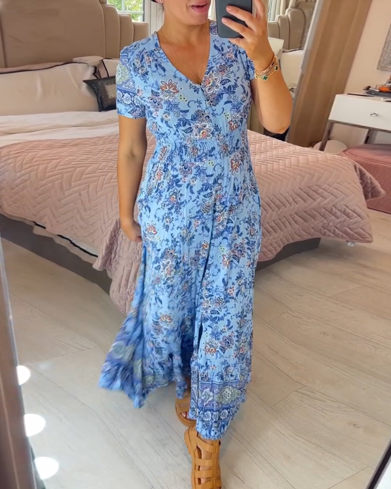 Aria - Blauwe Boho Jurk met Bloemenprint voor Casual Dagen