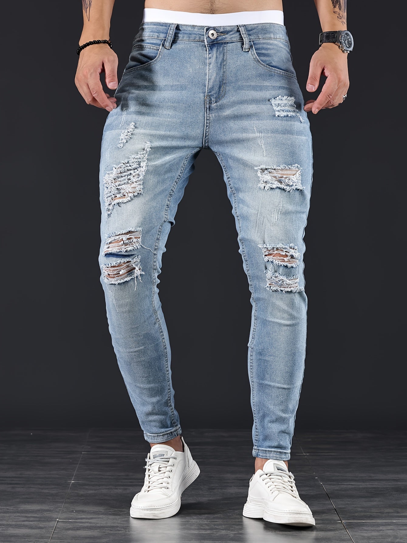 Slim Fit Gescheurde Jeans Lichtblauw - Alex