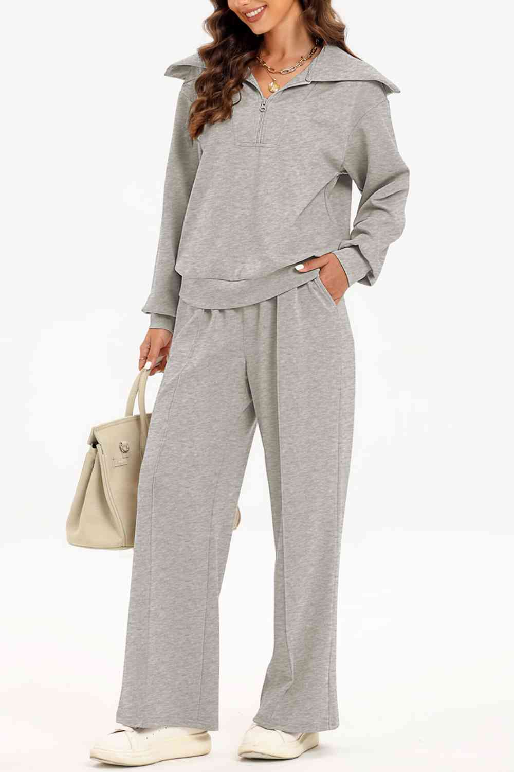 Chique Half-Rits Lounge Set: Stijlvolle Kraag Sweater & Broek