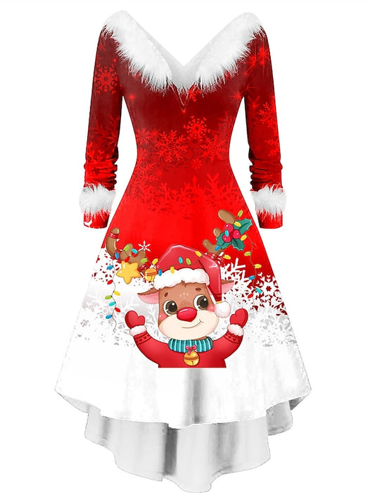 Festieve Flair Santa Claus Midi: Elegante V-Hals Winter Feestjurk