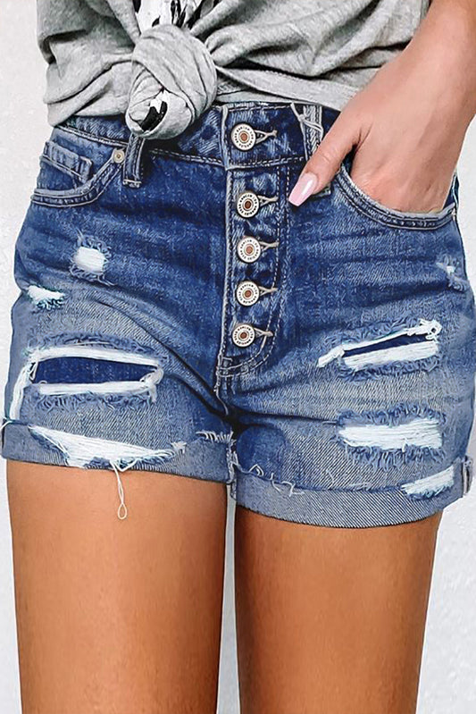 Ella - Blauwe Distressed Denim Shorts met Knoopsluiting