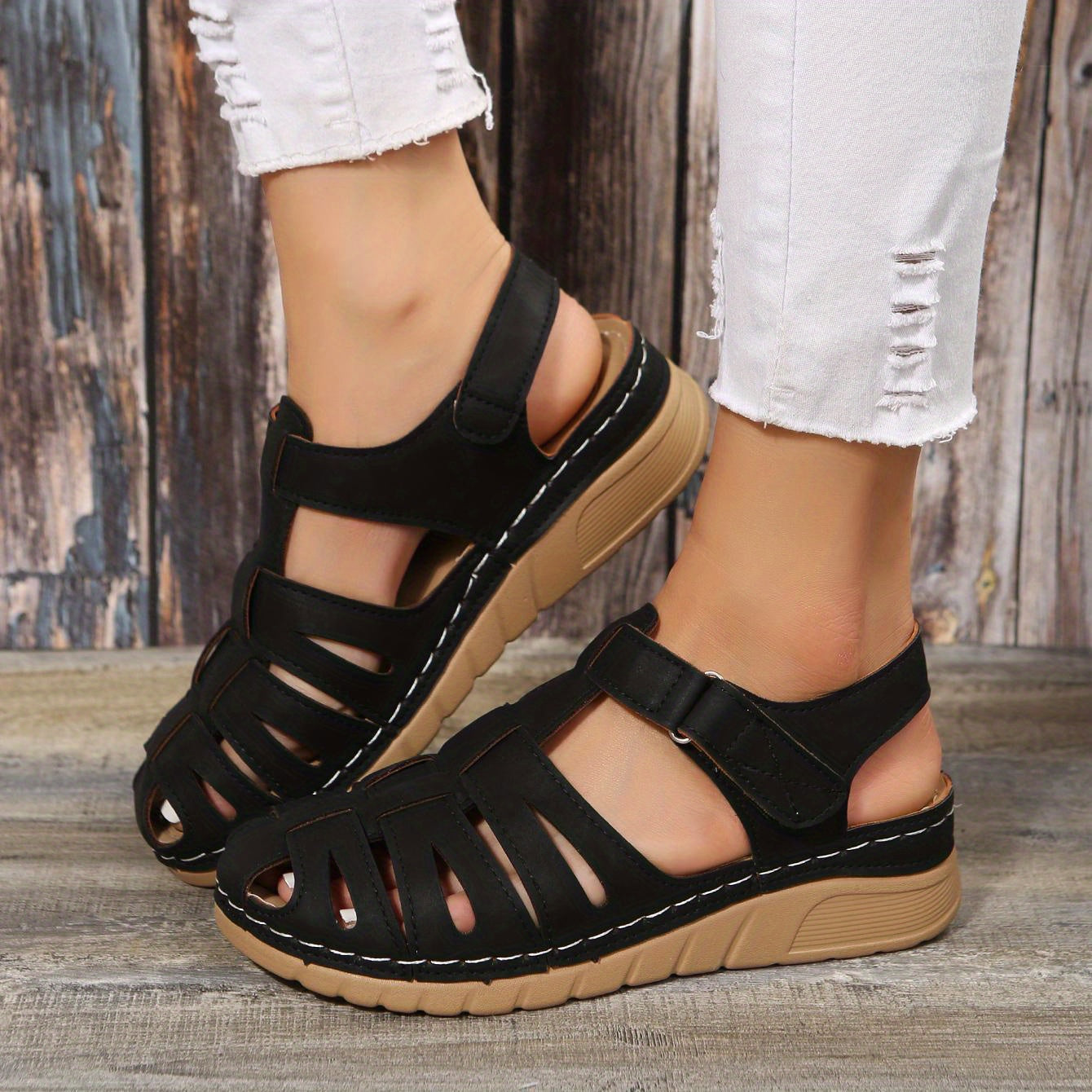 Zwarte Retro Wedge Sandalen - Luna