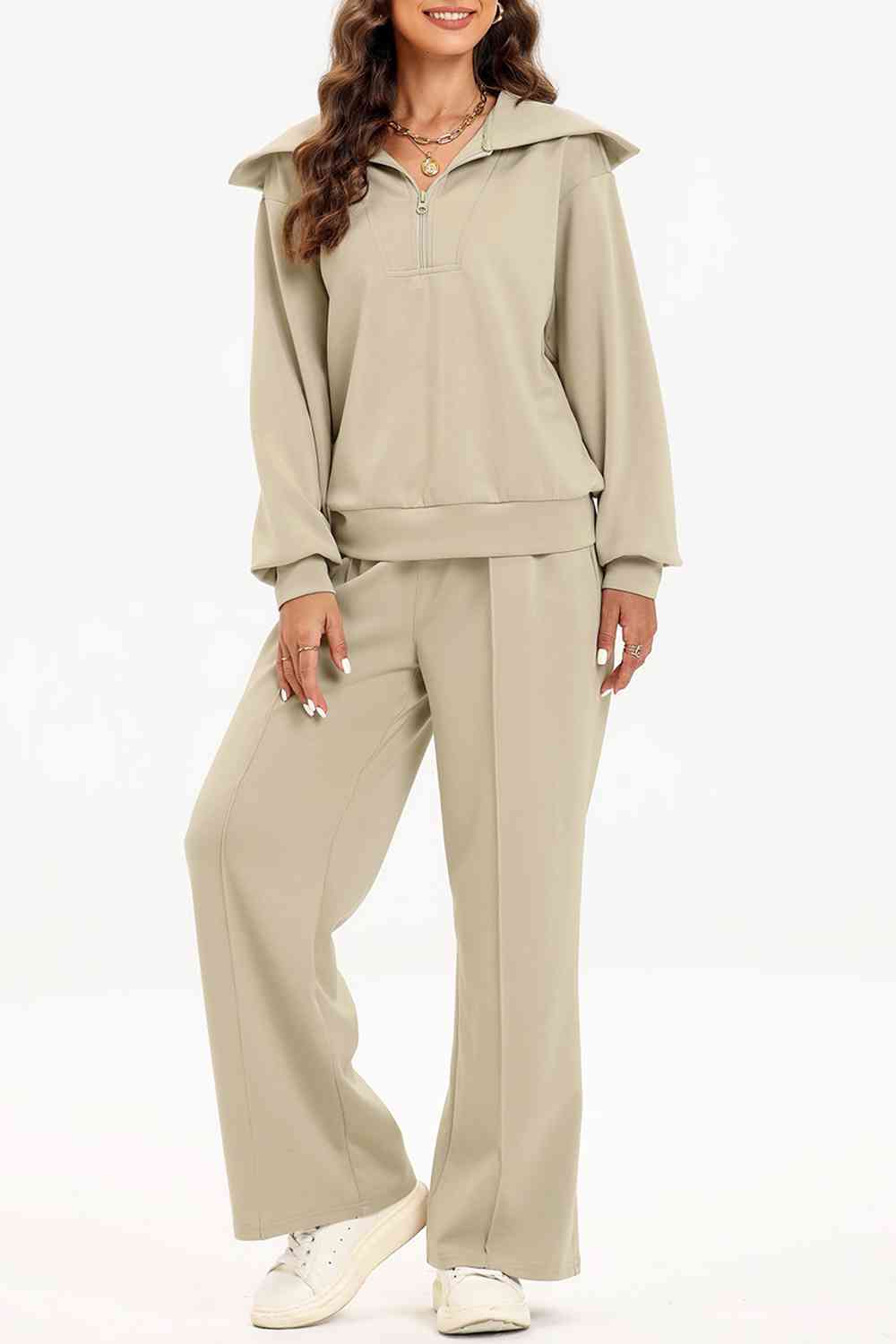 Chique Half-Rits Lounge Set: Stijlvolle Kraag Sweater & Broek