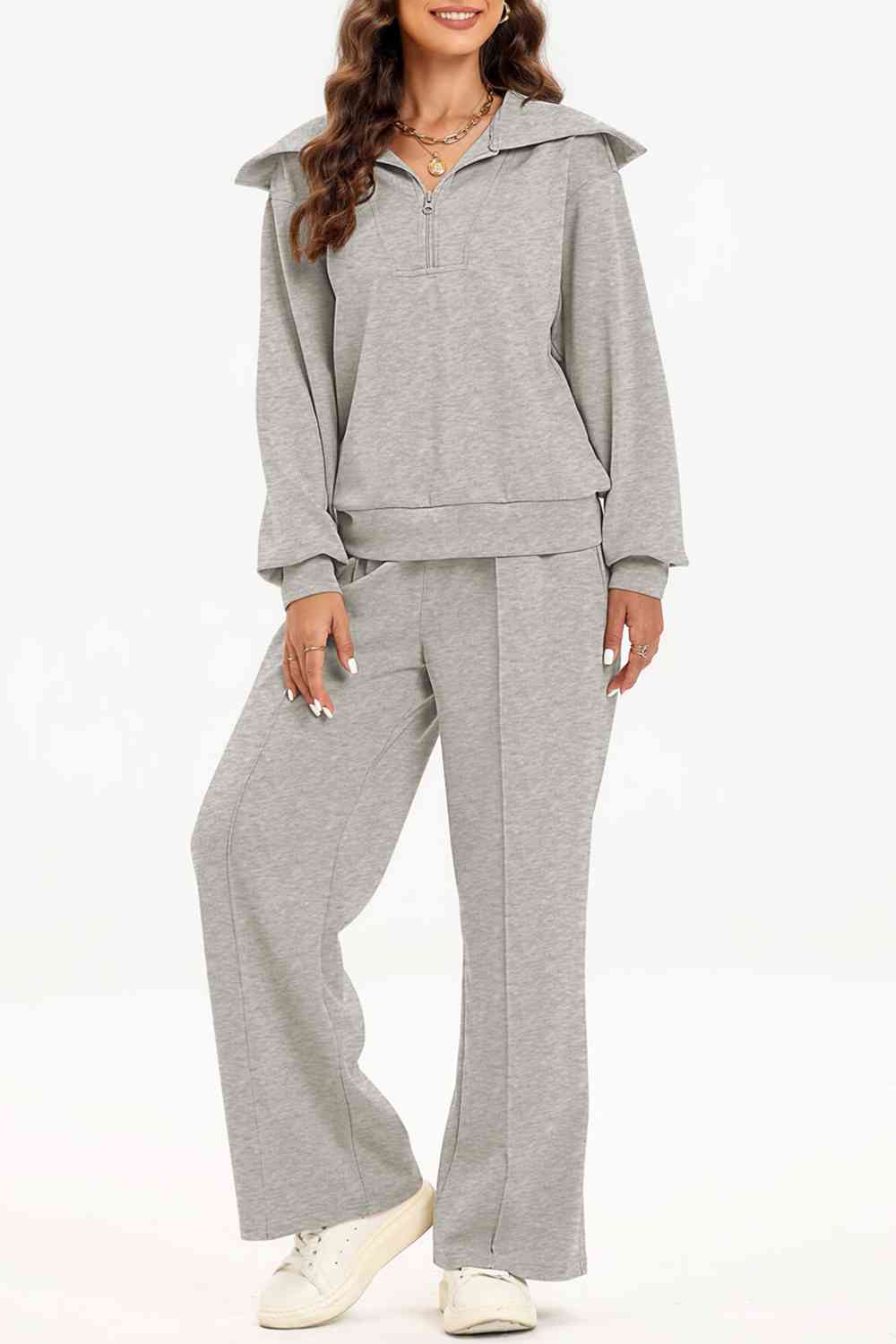 Chique Half-Rits Lounge Set: Stijlvolle Kraag Sweater & Broek