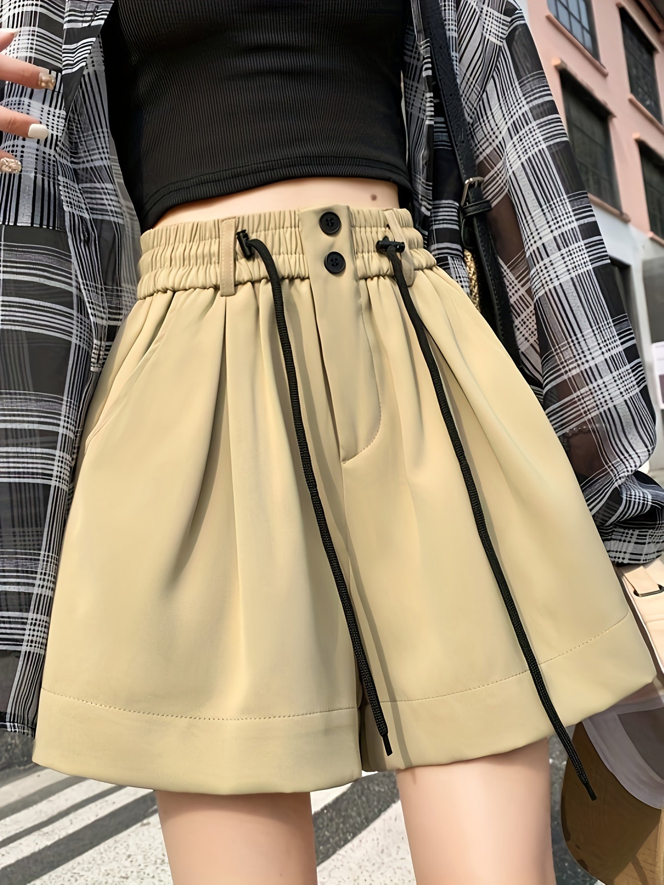 Khaki Hoge Taille Shorts - Naomi