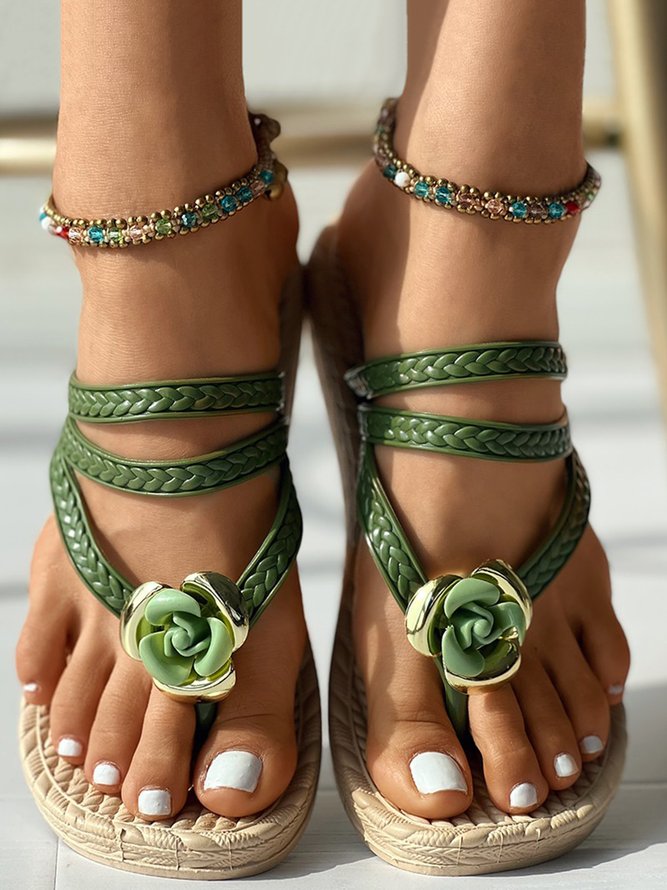 Lily - Groene Bloemen Strand Slippers met Gevlochten Bandjes