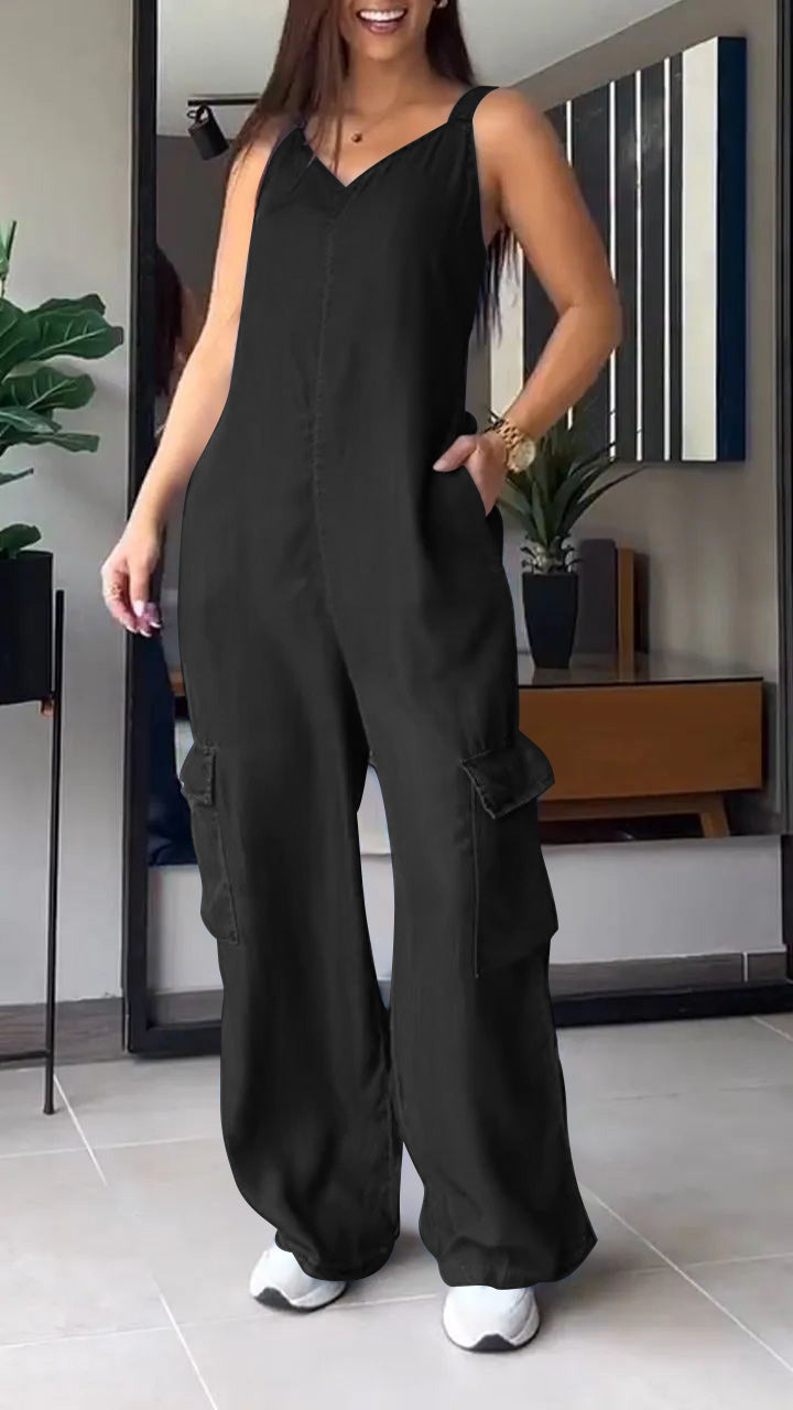 Skye - Blauwe Denim Cargo Jumpsuit met V-hals