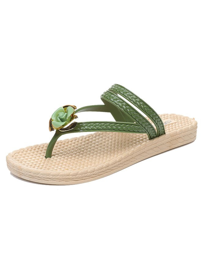 Lily - Groene Bloemen Strand Slippers met Gevlochten Bandjes