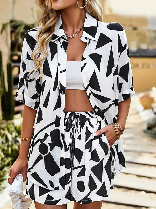 Sophie - Witte Casual Shirt & Shorts Set met Print