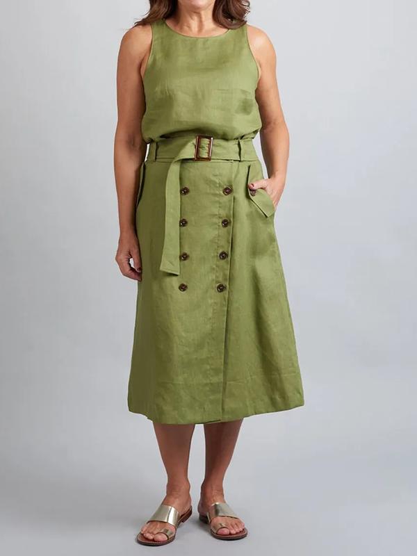 Cora - Groene Mouwloze Jurk met Riem en Knopen