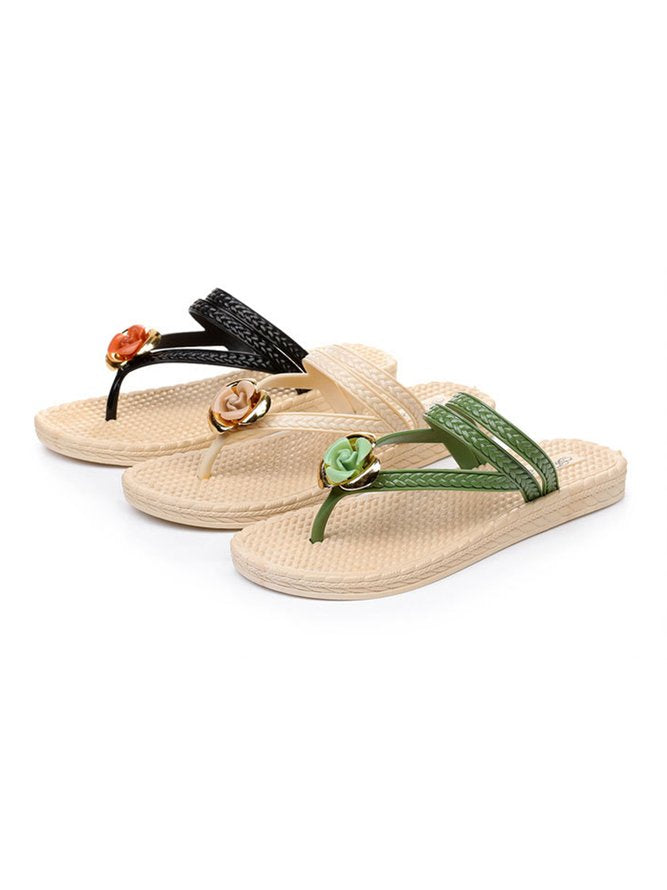 Lily - Groene Bloemen Strand Slippers met Gevlochten Bandjes