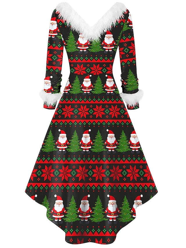 Festieve Flair Santa Claus Midi: Elegante V-Hals Winter Feestjurk