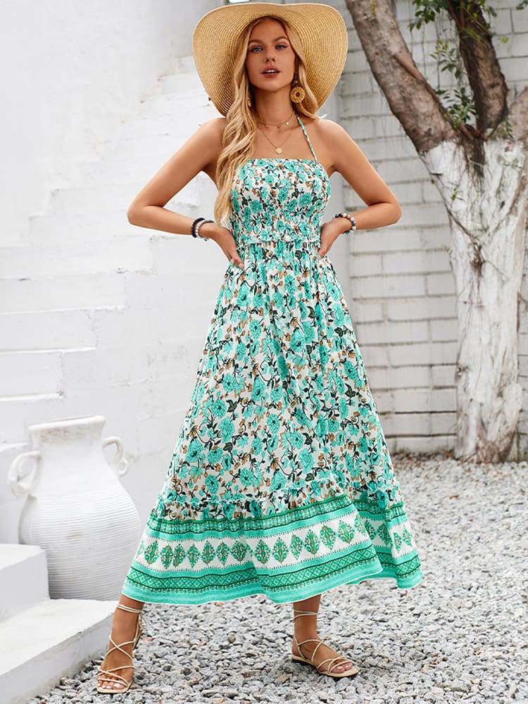 Groene Halter Maxi Jurk met Bloemenprint - Eva