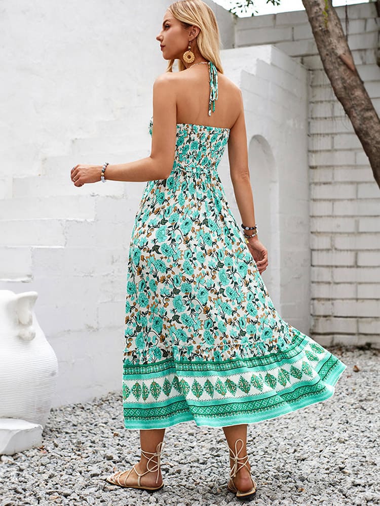 Groene Halter Maxi Jurk met Bloemenprint - Eva