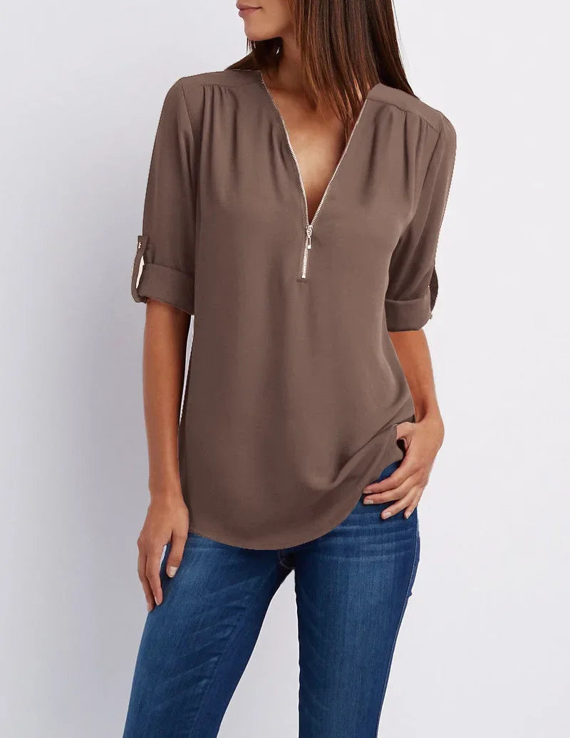 Chique V-Hals Blouse met Korte Mouwen