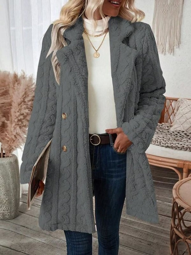 Gezellige Elegantie: Luxe Dames Winterjas met Sherpa Voering en Chique Revers met Zakken