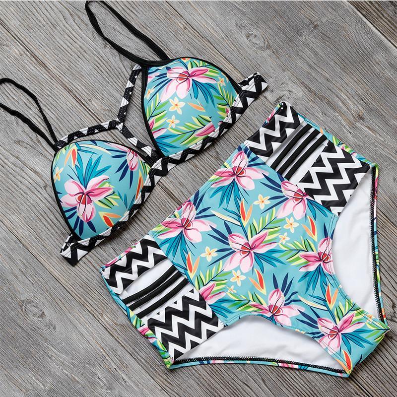 Fiora - Bloemenprint Push-up Bikini met Hoge Taille