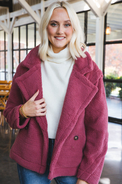 Mauve Majesteit: Luxueuze Oversized Sherpa Teddy Jas met Elegante Reverskraag