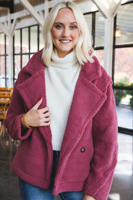 Mauve Majesteit: Luxueuze Oversized Sherpa Teddy Jas met Elegante Reverskraag