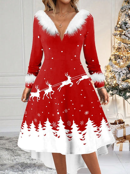 Festieve Flair Santa Claus Midi: Elegante V-Hals Winter Feestjurk