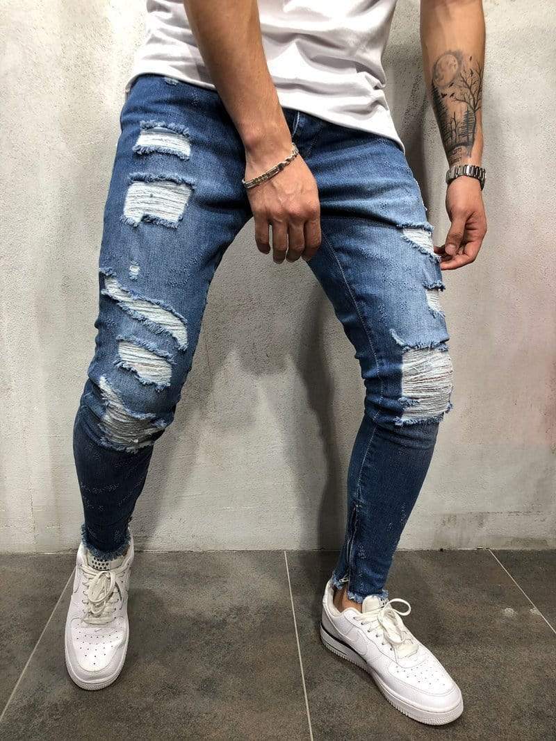 Blauwe Gescheurde Jeans met Witte Strepen - Finn