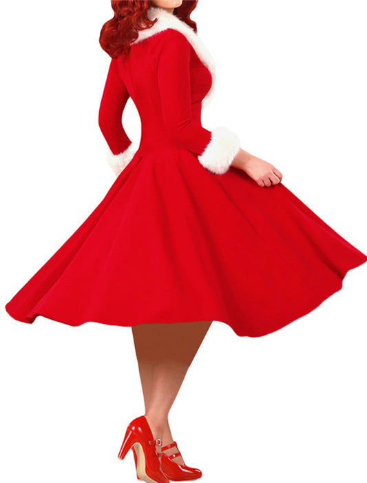 Elegante Winterpracht: Dames Vintage Midi Swing Jurk met Lange Mouwen – Perfect voor Herfst- & Kerstevenementen