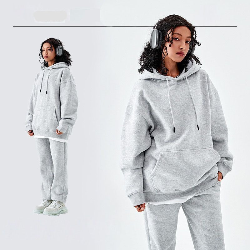 Gezellige Pluche Hoodie & Joggingbroek Set - Warmte Ontmoet Stijl met Kangoeroezak & Geribbelde Details