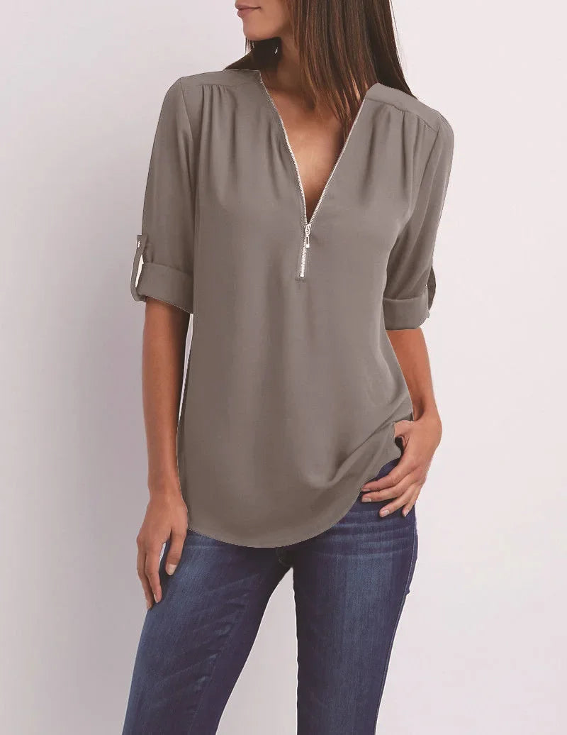 Chique V-Hals Blouse met Korte Mouwen