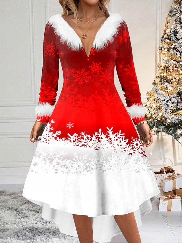 Festieve Flair Santa Claus Midi: Elegante V-Hals Winter Feestjurk