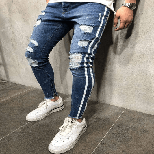 Blauwe Gescheurde Jeans met Witte Strepen - Finn